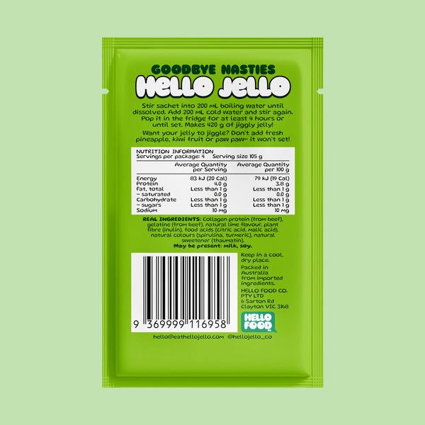 Back of the HELLO JELLO Lime sachet showing preparation instructions, nutrition information and ingredients