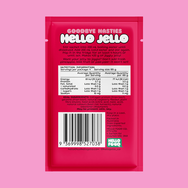 Back of the HELLO JELLO Raspberry sachet showing preparation instructions, nutrition information and ingredients