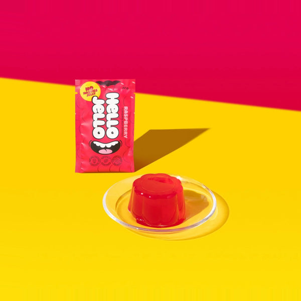 HELLO JELLO Raspberry sachet beside a set raspberry jelly