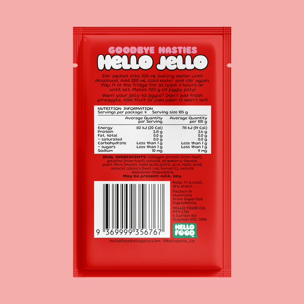 Back of the HELLO JELLO Strawberry sachet showing preparation instructions, nutrition information and ingredients