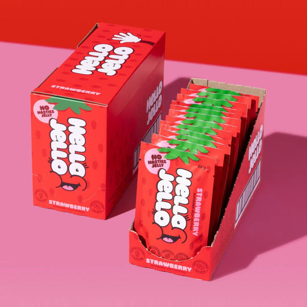 Carton of HELLO JELLO Strawberry jelly crystals with 12 sachets, no-nasties jelly