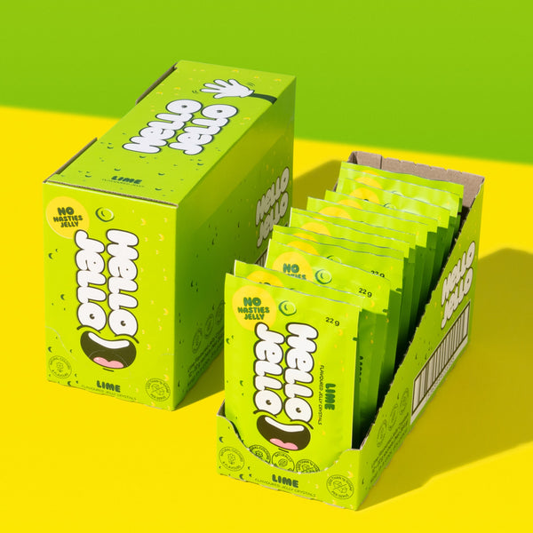 Carton of HELLO JELLO Lime jelly crystals with 12 sachets, no-nasties jelly