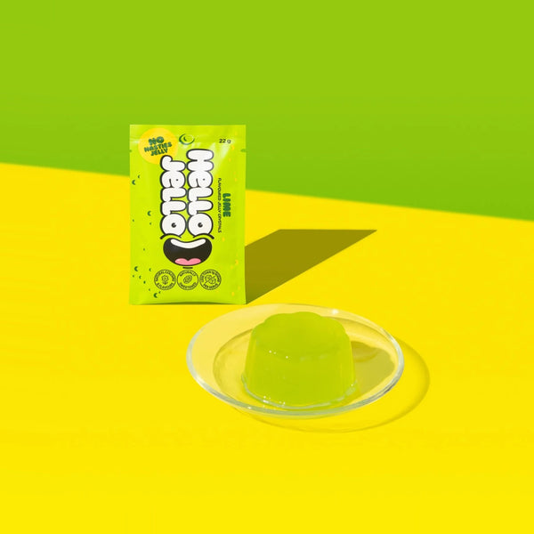 HELLO JELLO Lime sachet beside a set lime jelly
