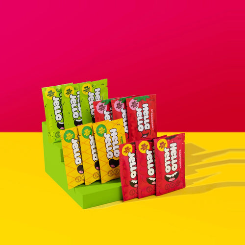 HELLO JELLO Mixed Box display carton with sachets of all four flavours