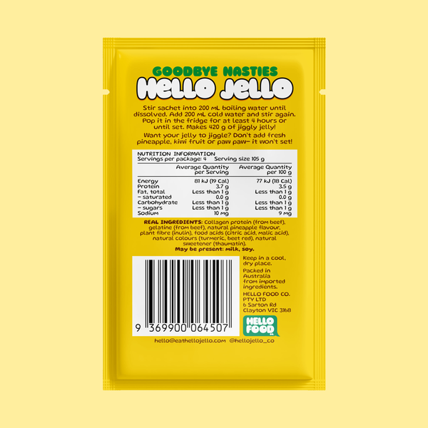 Back of the HELLO JELLO Pineapple sachet showing preparation instructions, nutrition information and ingredients