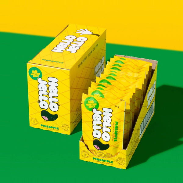 Carton of HELLO JELLO Pineapple jelly crystals with 12 sachets, no-nasties jelly
