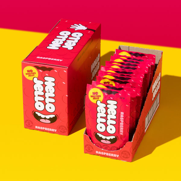 Carton of HELLO JELLO Raspberry jelly crystals with 12 sachets, no-nasties jelly